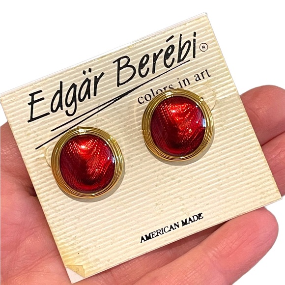 Vintage 1980s Edgar Berebi Gold finish earrings red enamel - Picture 1 of 10